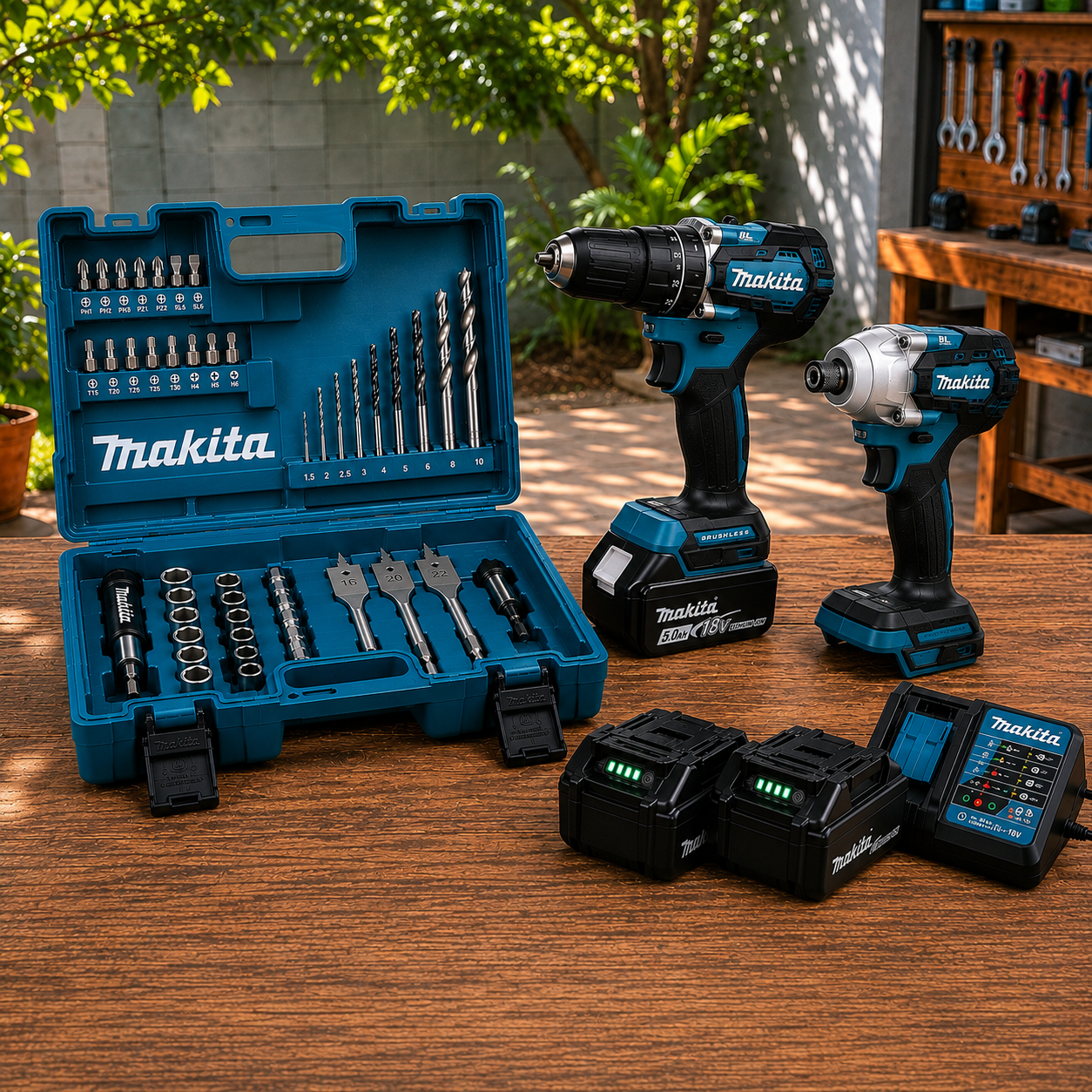 KIT MAKITA: TALADRO INALÁMBRICO + PISTOLA DE IMPACTO + 26 ACCESORIOS + 2 BATERIAS