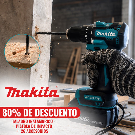 KIT MAKITA: TALADRO INALÁMBRICO + PISTOLA DE IMPACTO + 26 ACCESORIOS + 2 BATERIAS